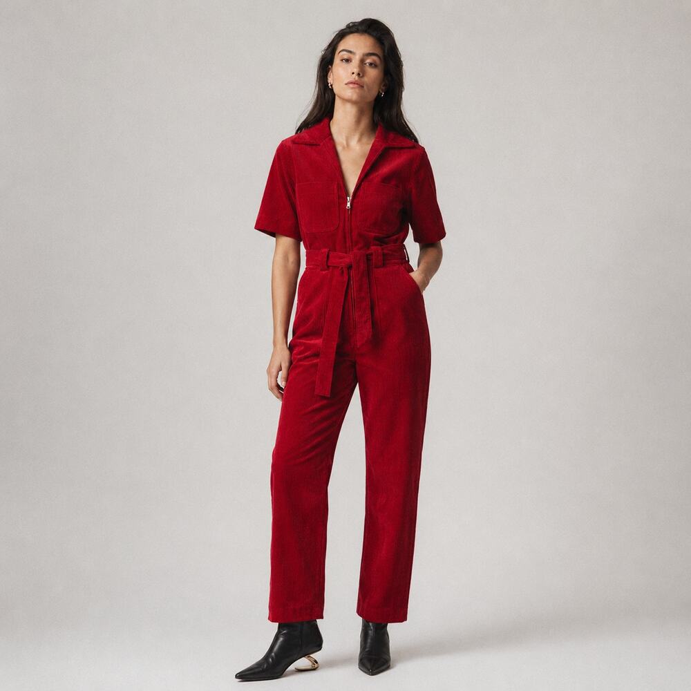 & Other Stories Corduroy Belted Jumpsuit Womens 2 Red Short Sleeve Zipper - Picture 1 of 12